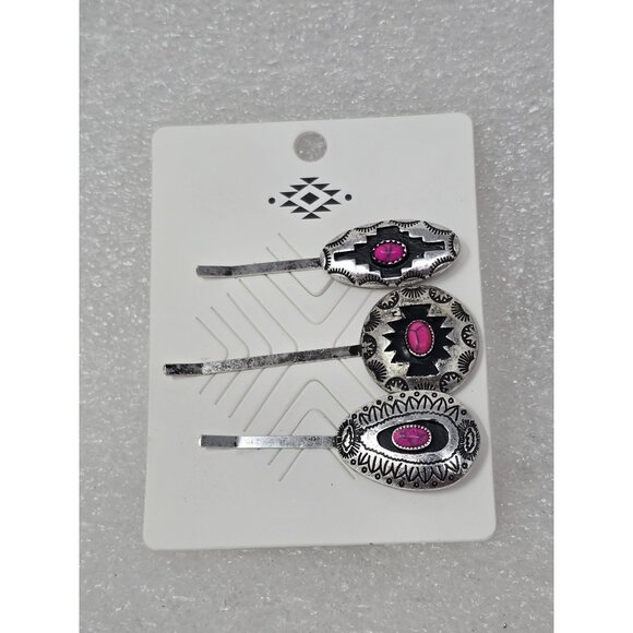 Set Of 3 Southwestern Style Silver Tone Hair Pins With Faux Pink Stones - Picture 1 of 2